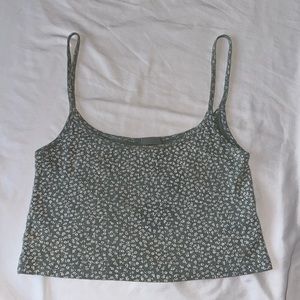Brandy Melville Green Floral Ribbed Tank Top
